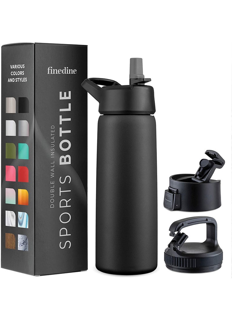 FINEDINE - FineDine Triple Insulated Stainless Steel Water Bottle with Straw Lid - Flip Top Lid - Wide Mouth Cap (740 ml) Insulated Water Bottles, Keeps Hot and Cold (Inky Raven Black) - Image 1