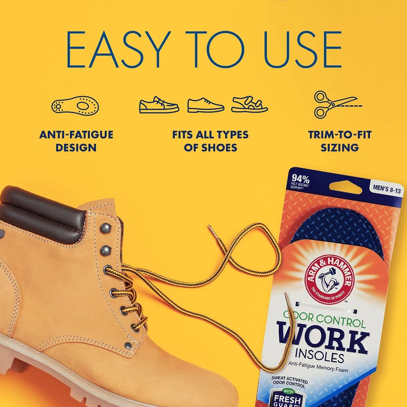 Arm & Hammer Anti-Fatigue Memory Foam Odor Insoles for Work Boots - Arch Support Boot Odor Eater Insole Inserts for Men and Women  Ideal for Plantar Fasciitis  Sole Insoles for Relief - 6 Pack - Image 4