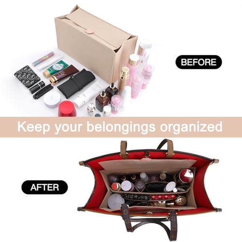 Doxo Purse Organizer Insert,Felt Tote Bag Organizer Insert Compatible with Dior Book Tote Large Bag & Onthego GM And More(Beige-with cover) - Image 3
