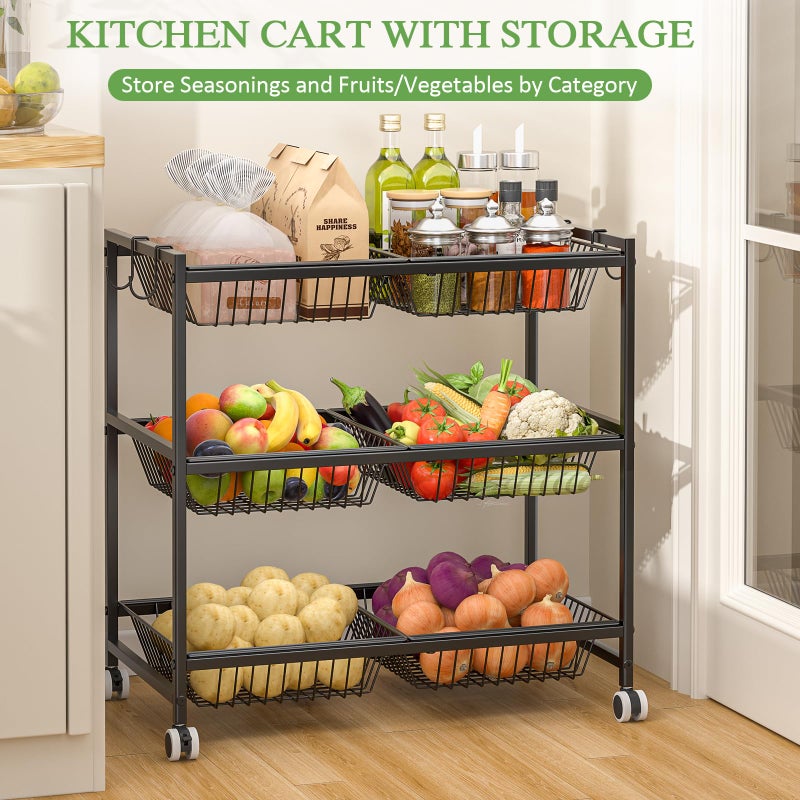 DAOUTIME 3-Tier Rolling Pantry Floor Organizer Cart with 6 Detachable Baskets, Metal Wire Fruit Basket Stand with Wheels, Kitchen Storage Cart for Fruit Vegetables, Snack Cart for Pantry Kitchen Living Room - Image 4