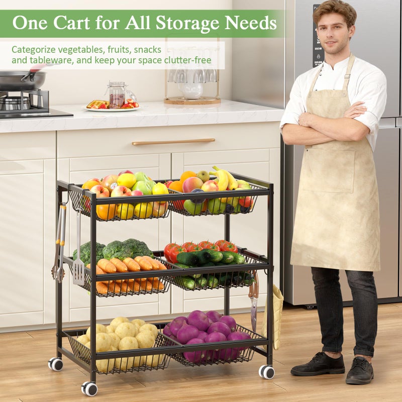 DAOUTIME 3-Tier Rolling Pantry Floor Organizer Cart with 6 Detachable Baskets, Metal Wire Fruit Basket Stand with Wheels, Kitchen Storage Cart for Fruit Vegetables, Snack Cart for Pantry Kitchen Living Room - Image 5