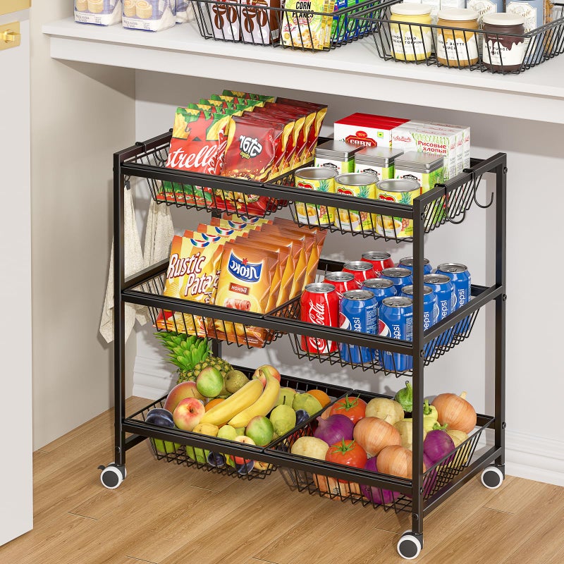 DAOUTIME 3-Tier Rolling Pantry Floor Organizer Cart with 6 Detachable Baskets, Metal Wire Fruit Basket Stand with Wheels, Kitchen Storage Cart for Fruit Vegetables, Snack Cart for Pantry Kitchen Living Room - Image 3
