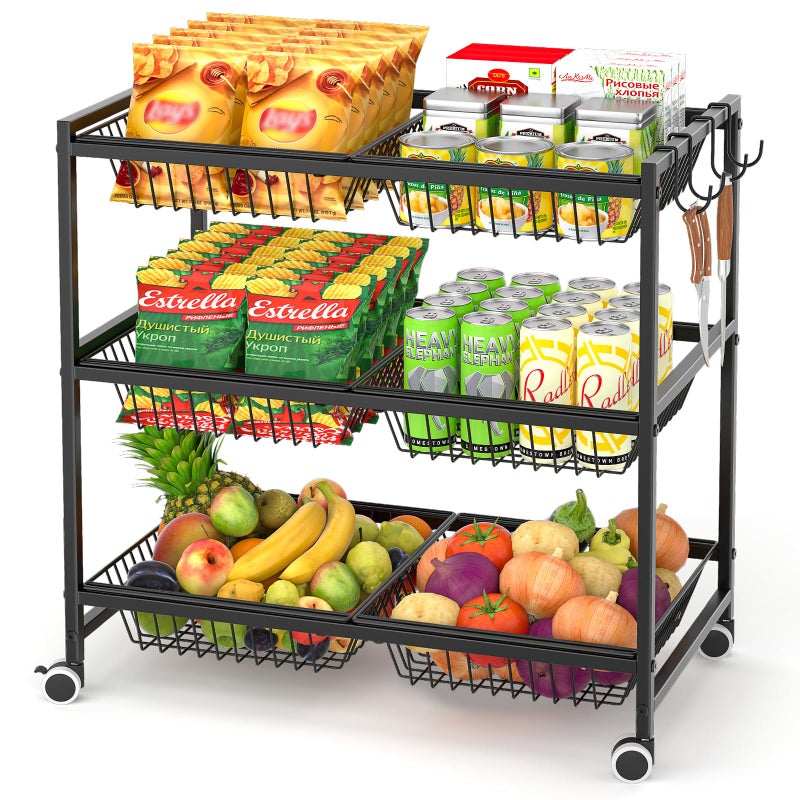 DAOUTIME 3-Tier Rolling Pantry Floor Organizer Cart with 6 Detachable Baskets, Metal Wire Fruit Basket Stand with Wheels, Kitchen Storage Cart for Fruit Vegetables, Snack Cart for Pantry Kitchen Living Room - Image 1