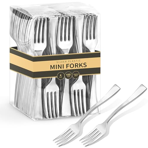 Qeirudu 4 Inch Silver Plastic Mini Forks, 100 Pack Disposable Appetizer Forks Heavy Duty Tiny Forks for Party Small Desserts, Charcuterie, Samples, Cocktails and Strawberries - Image 1