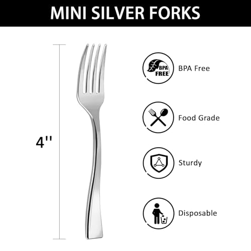 Qeirudu 4 Inch Silver Plastic Mini Forks, 100 Pack Disposable Appetizer Forks Heavy Duty Tiny Forks for Party Small Desserts, Charcuterie, Samples, Cocktails and Strawberries - Image 2