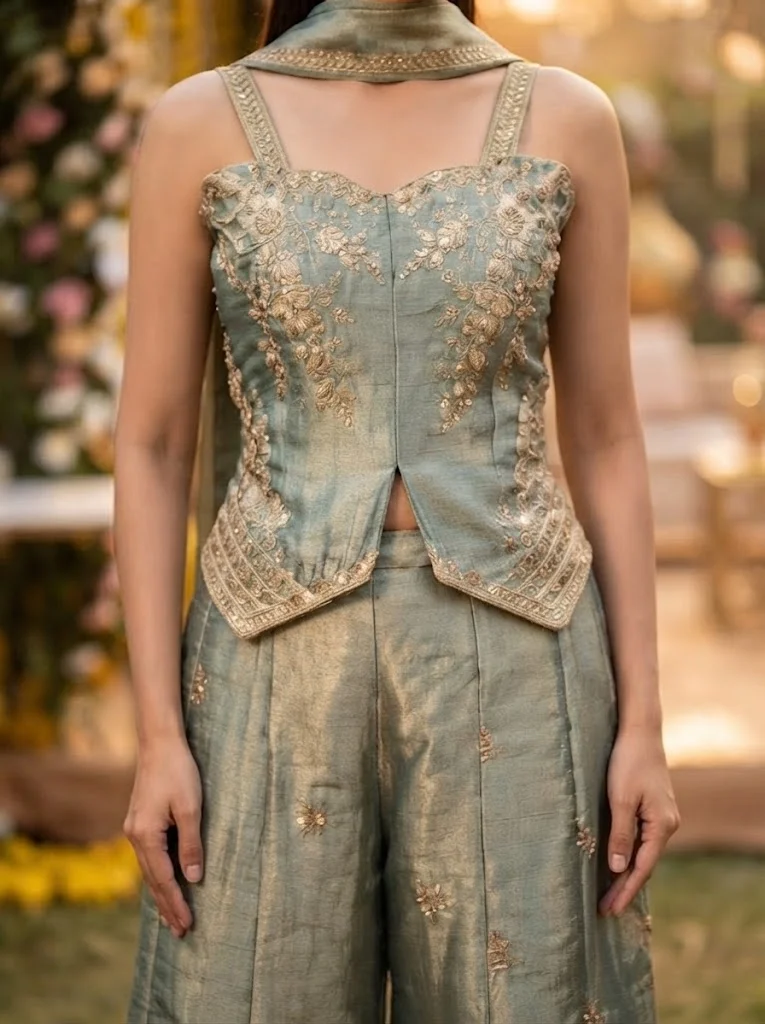 Viny VINY Olive Sweetheart Neck Floral Embroidered Top & Palazzo Set – Women's Indian Ethnic Wear