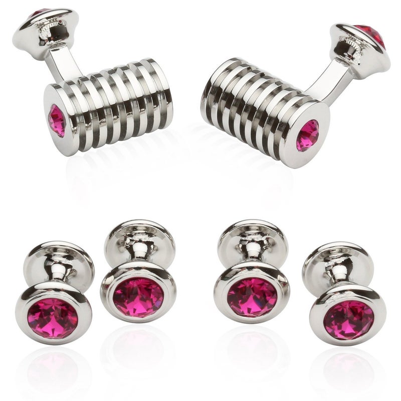 Cuff-Daddy أزرار أكمام كاف دادي للرجال من الفضي والوردي الفوشيا مع مجموعة قميص توكسيدو مع علبة تقديم المجوهرات للتخزين للمناسبات الخاصة وحفلات الزفاف - Image 1