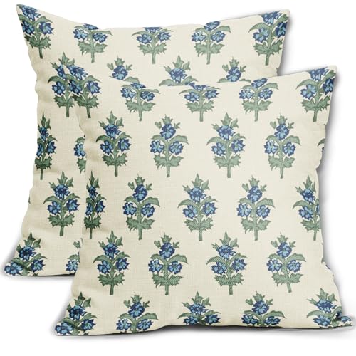 sorfbliss Sage Green Blue Floral Pillow Covers 18x18 Set of 2 Spring Flower Leaves Print Decorative Throw Pillow Cases Outdoor Farmhouse Decoration for Sofa Couch Bed - Image 1