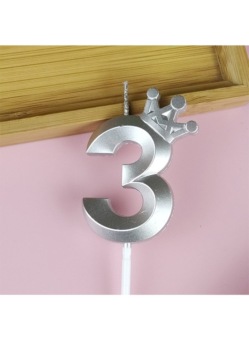 l&wen Crown Birthday Candles, Metallic Number Candles with Holders, Glitter Party Candles for Birthday, Wedding, Anniversary, Party Decorations (Number 3, Silver) - Image 1