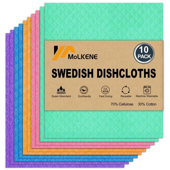 SWEDISH DISH CLOTHS 10 PACK REUSABLE KITCHEN DISHCLOTHS ULTRA ABSORBENT DISH TOWELS FOR WASHING DISHES CELLULOSE SPONGE CLOTH CLEANING RAG ASSORTED