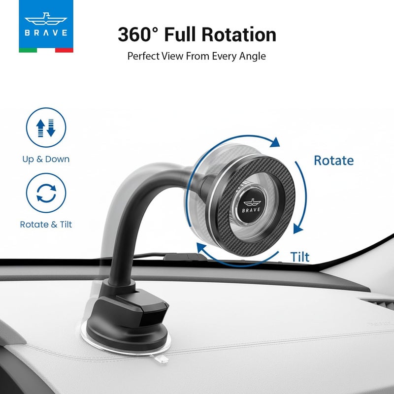 BRAVE Magnetic Car Phone Holder Dashboard & Windshield Mount | Super Strong N54H Magnets & Flexible Gooseneck Long Arm Magsafe Car Mount | 360° Rotation Suction Cup Phone Stand - Black (BHL-57) - Image 4