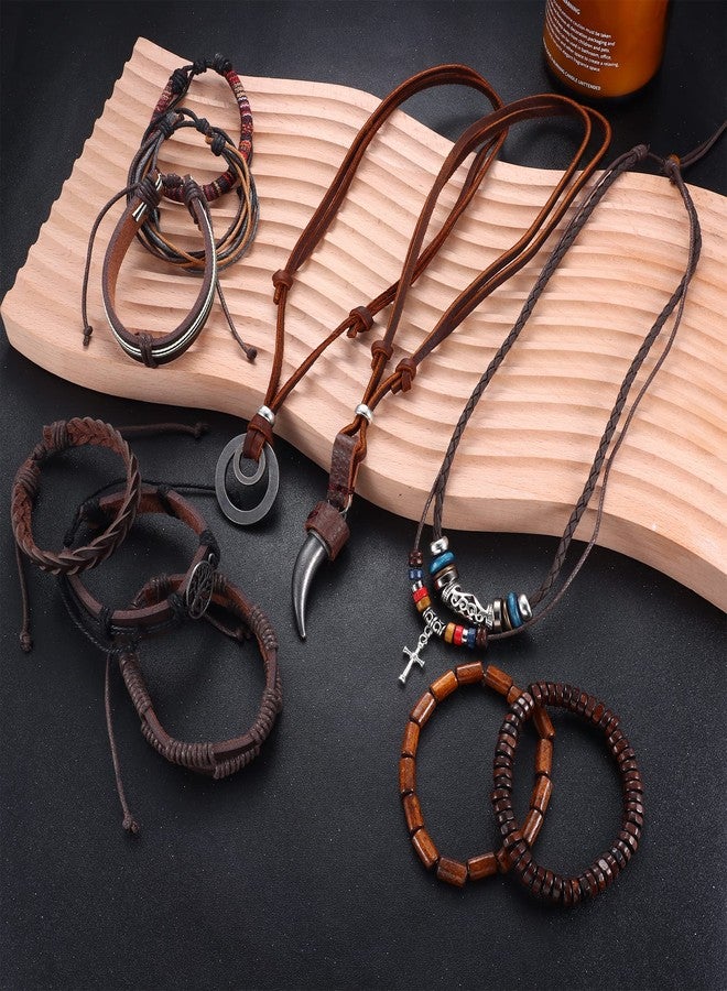 Sanfenly Leather Necklace Bracelet for Men Tribal Wolf Tooth Wood Bead Cross Pendant Necklaces Braided Wristband Vintage Brown Jewelry Set Adjustable - Image 2
