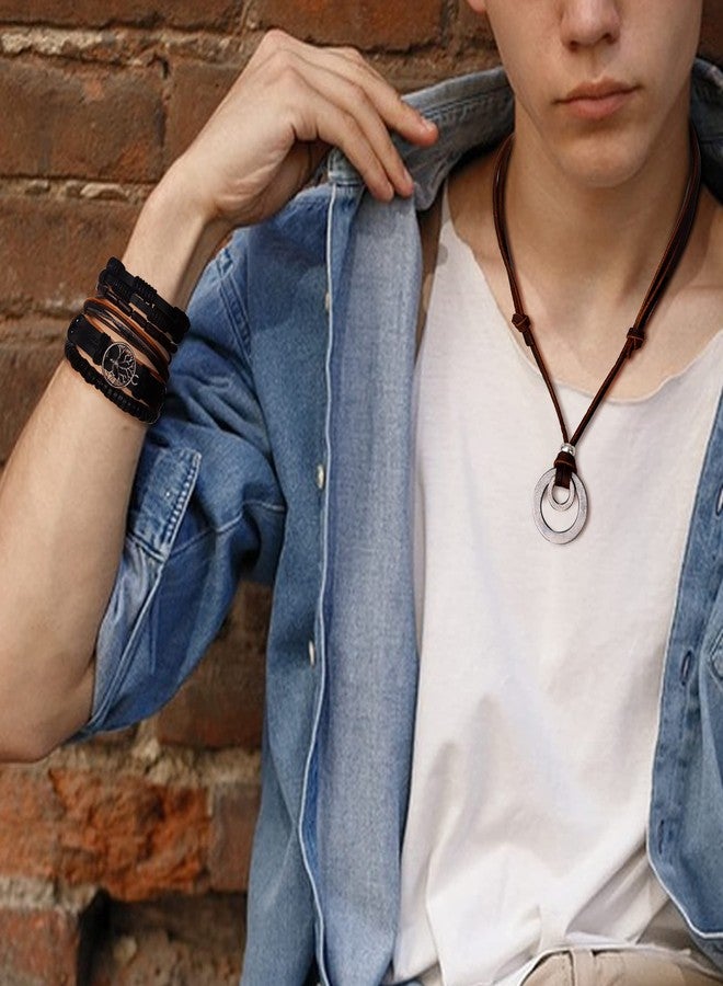 Sanfenly Leather Necklace Bracelet for Men Tribal Wolf Tooth Wood Bead Cross Pendant Necklaces Braided Wristband Vintage Brown Jewelry Set Adjustable - Image 3