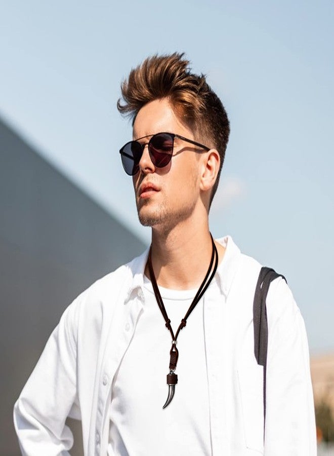 Sanfenly Leather Necklace Bracelet for Men Tribal Wolf Tooth Wood Bead Cross Pendant Necklaces Braided Wristband Vintage Brown Jewelry Set Adjustable - Image 4
