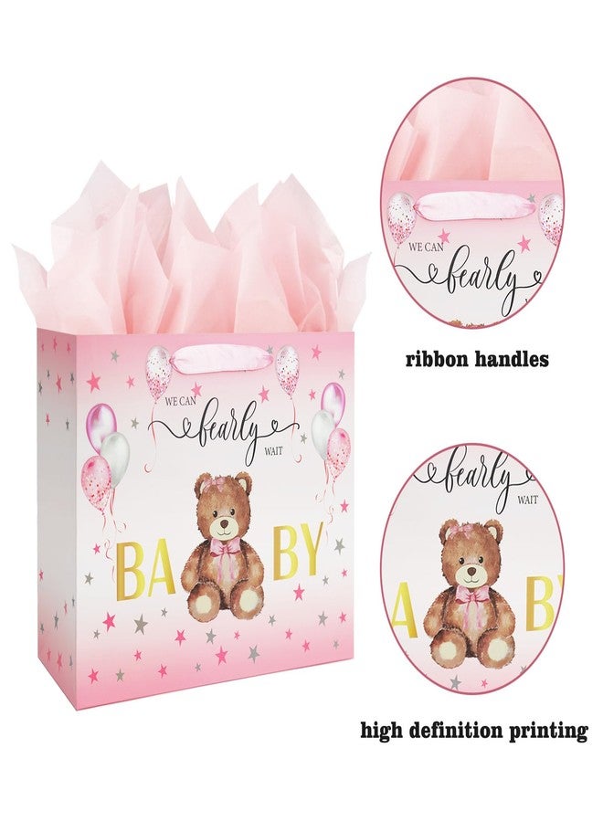 Laidans 13" Baby Shower Birthday Gift Bag for Girl with Tissue Papers and Card Pink Balloons Bear Design with Handles (Pink) - Image 4