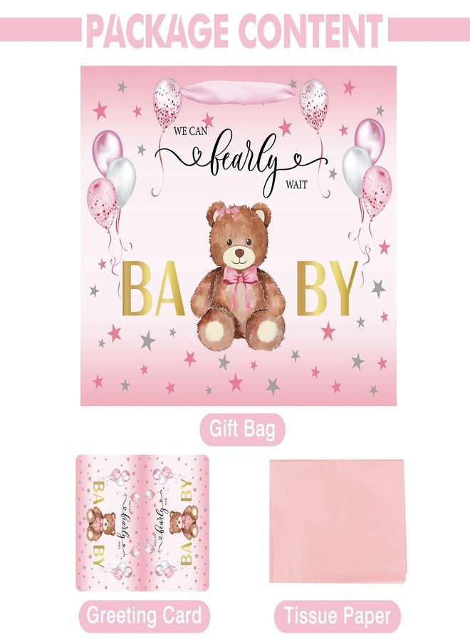 Laidans 13" Baby Shower Birthday Gift Bag for Girl with Tissue Papers and Card Pink Balloons Bear Design with Handles (Pink) - Image 2