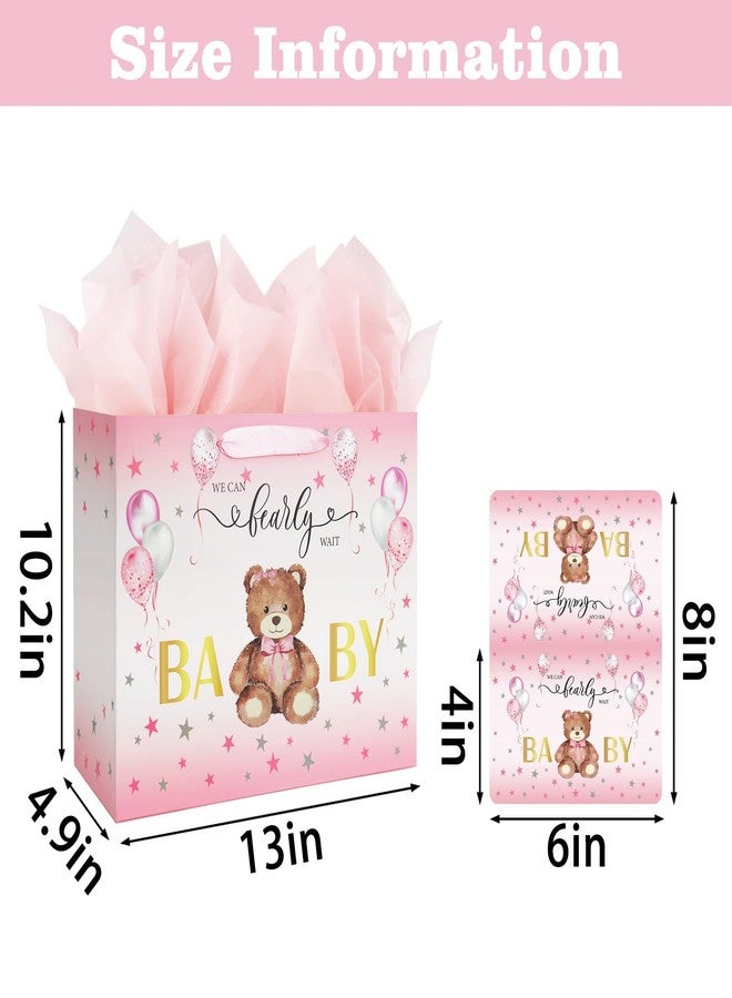 Laidans 13" Baby Shower Birthday Gift Bag for Girl with Tissue Papers and Card Pink Balloons Bear Design with Handles (Pink) - Image 3