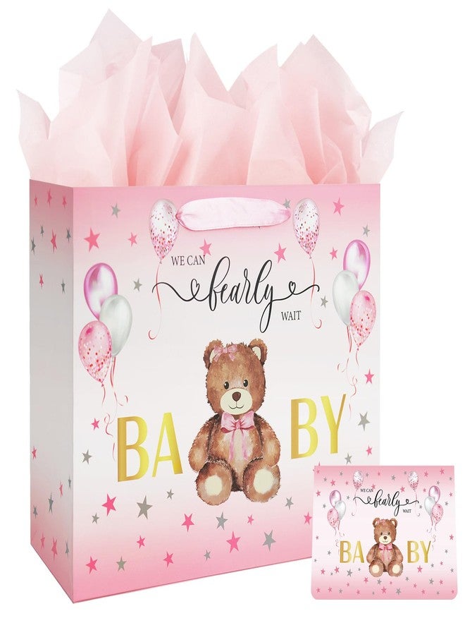Laidans 13" Baby Shower Birthday Gift Bag for Girl with Tissue Papers and Card Pink Balloons Bear Design with Handles (Pink) - Image 1
