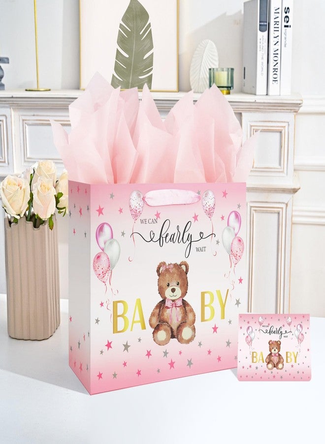 Laidans 13" Baby Shower Birthday Gift Bag for Girl with Tissue Papers and Card Pink Balloons Bear Design with Handles (Pink) - Image 5