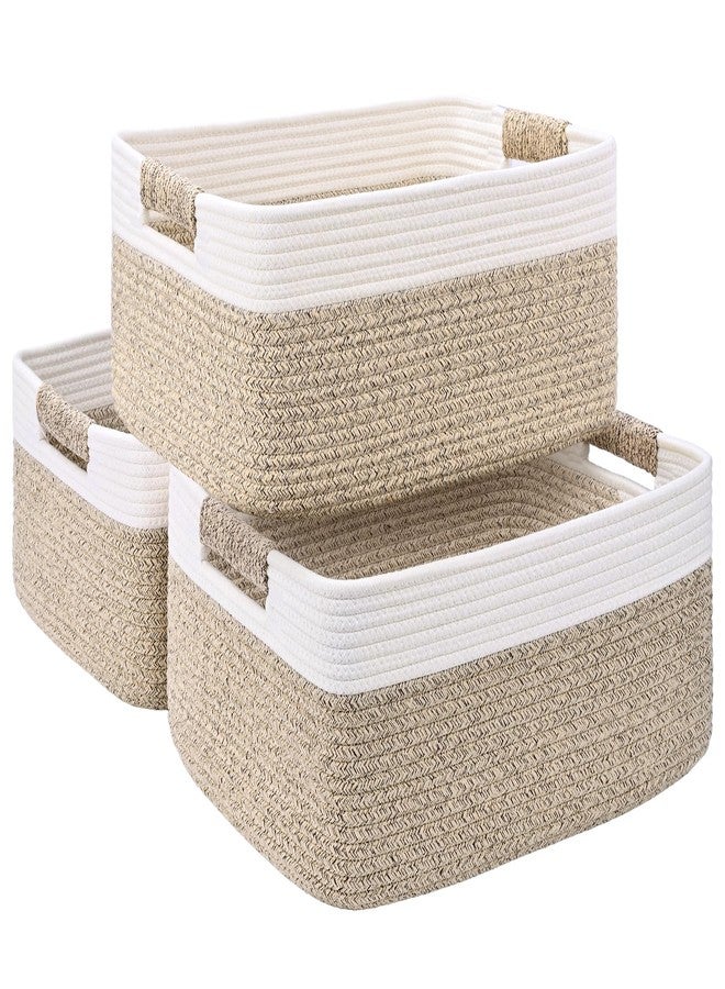 Degeyoyo 3 Pack Large Storage Basket for Organizing, 17.5"x13"x7" Woven Basket for Shelves, Closet Cube Storage Bins with Wrapped Handle, Cotton Rope Baskets for Kitchen, Clothes, Toys(Off White & Brown) - Image 1