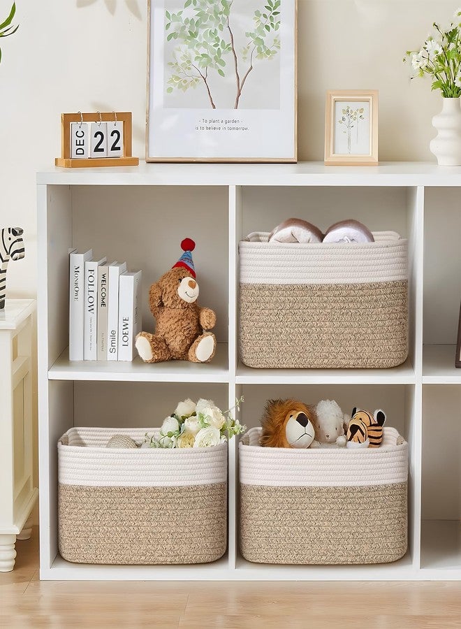 Degeyoyo 3 Pack Large Storage Basket for Organizing, 17.5"x13"x7" Woven Basket for Shelves, Closet Cube Storage Bins with Wrapped Handle, Cotton Rope Baskets for Kitchen, Clothes, Toys(Off White & Brown) - Image 2