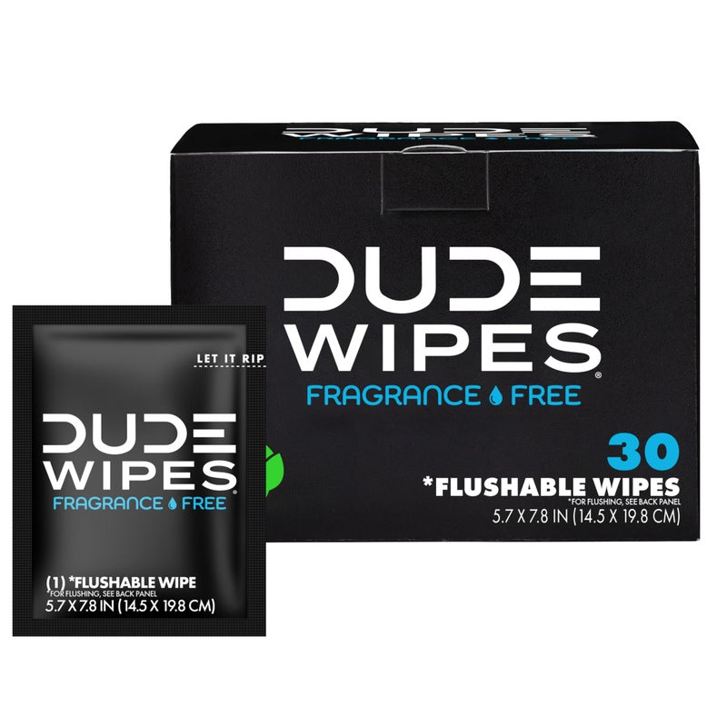 DUDE Wipes - On-The-Go Flushable Wipes - 1 Pack, 30 Wipes - Unscented Extra-Large Individually Wrapped Adult Wet Wipes - Vitamin E & Aloe - Septic and Sewer Safe - Image 1
