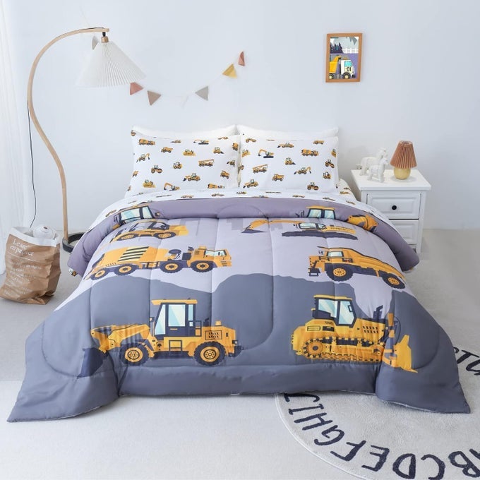FULL SIZE COMFORTER SET FOR BOYS 5PIECE BED IN A BAG 3D CONSTRUCTION BEDDING COMFORTER SHEET SET ULTRA SOFT AND FLUFFY CARTOON TRUCK CARS