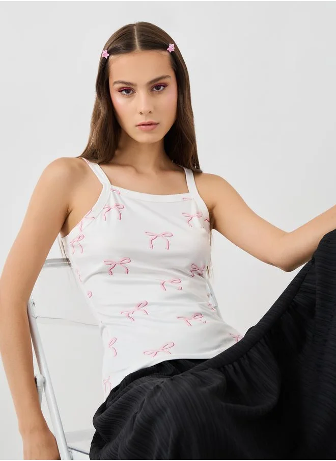 تايك تو Take Two Bow Print Square Neck Strappy Cami Top