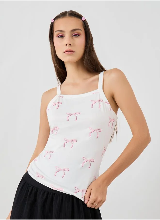 تايك تو Take Two Bow Print Square Neck Strappy Cami Top