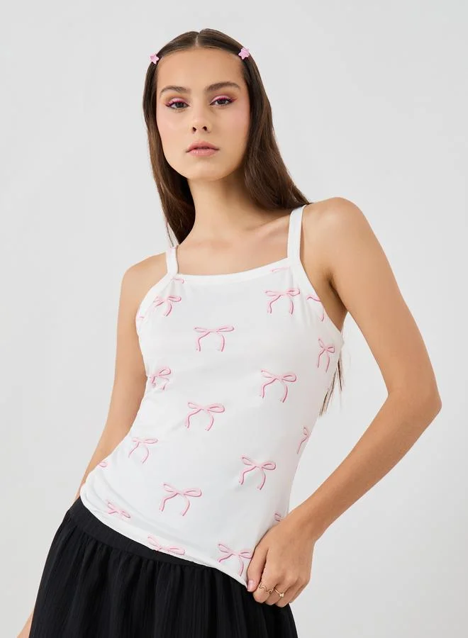 Take Two Take Two Bow Print Square Neck Strappy Cami Top