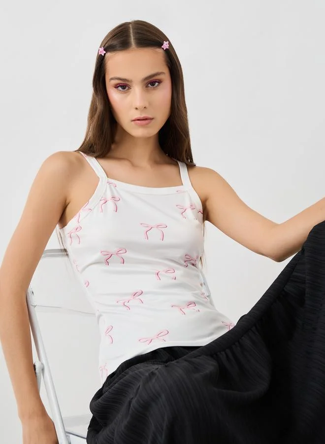 Take Two Take Two Bow Print Square Neck Strappy Cami Top