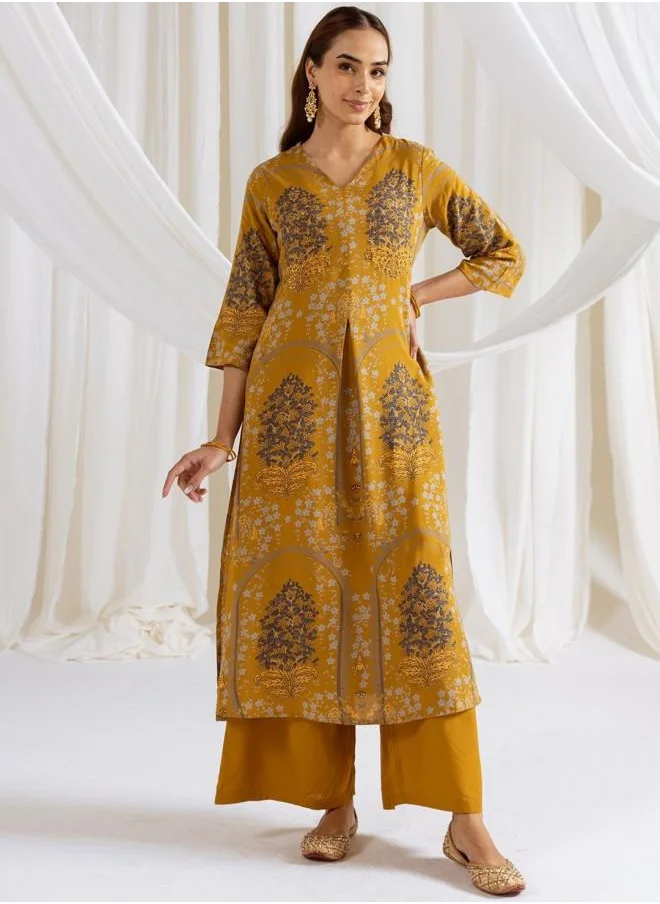 آي شين Palazzo Women Mustard Rayon Kurta Set with Embroidered pattern Tunic and Palazzo features a Round neckline and Three-Fourth Sleeve secured with Elastic closure and styled in Straight Fit ideal for Festive moments — a must-have for your statement wardrobe.