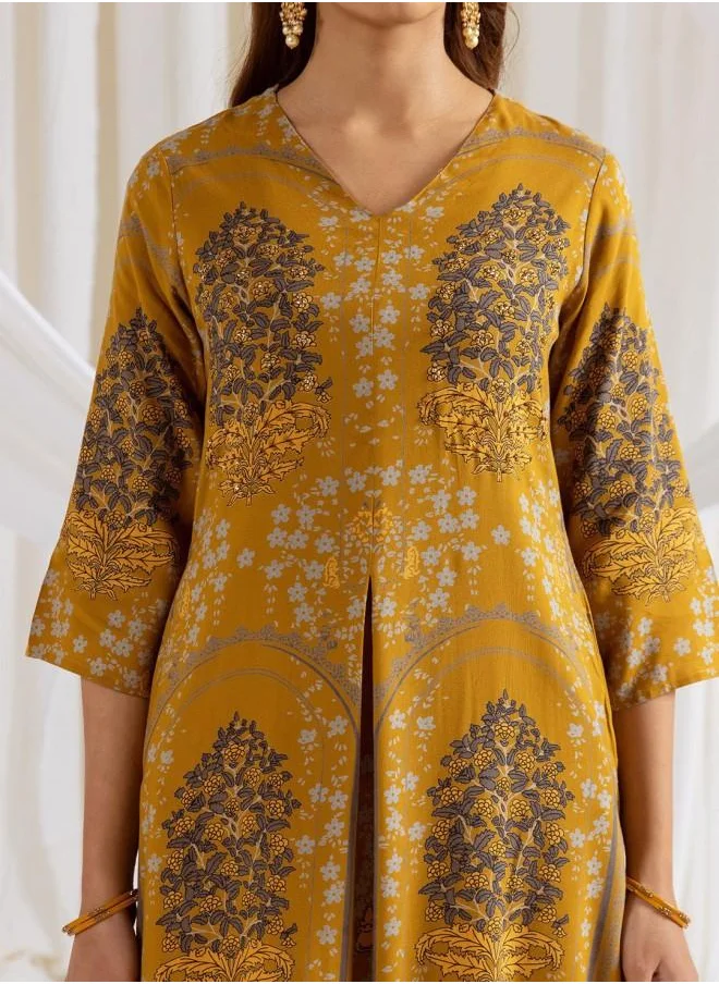 ISHIN Palazzo Women Mustard Rayon Kurta Set with Embroidered pattern Tunic and Palazzo features a Round neckline and Three-Fourth Sleeve secured with Elastic closure and styled in Straight Fit ideal for Festive moments — a must-have for your statement wardrobe.