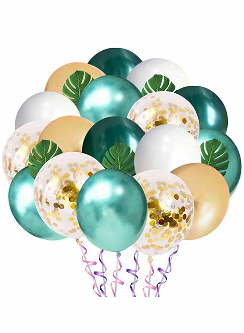 KASTWAVE Balloons Jungle Theme Party Supplies, 50 12 Inches Green White Gold Latex with 10pcs Palm Leaves for Tropical, Birthday Decorations - Image 1