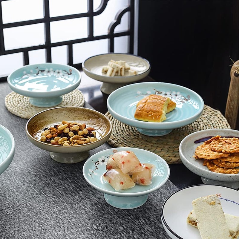 Kelendle Ceramic Footed Bowl Round Pedestal Bowl Decorative Fruit Bowl Serving Dish Dessert Display Tray Trifle Cups Snacks Nuts Plate for Kitchen Counter Centerpiece Table Decor Blue 85inch - Image 2