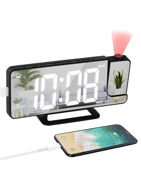 Projection Alarm Clock, LED Digital Alarm Clock Mirror Alarm Clock, Digital Clock Bedside Alarm with Light Sensing Dimming Mode, Adjustable Brightness, USB Port Battery Powered Alarm Clock