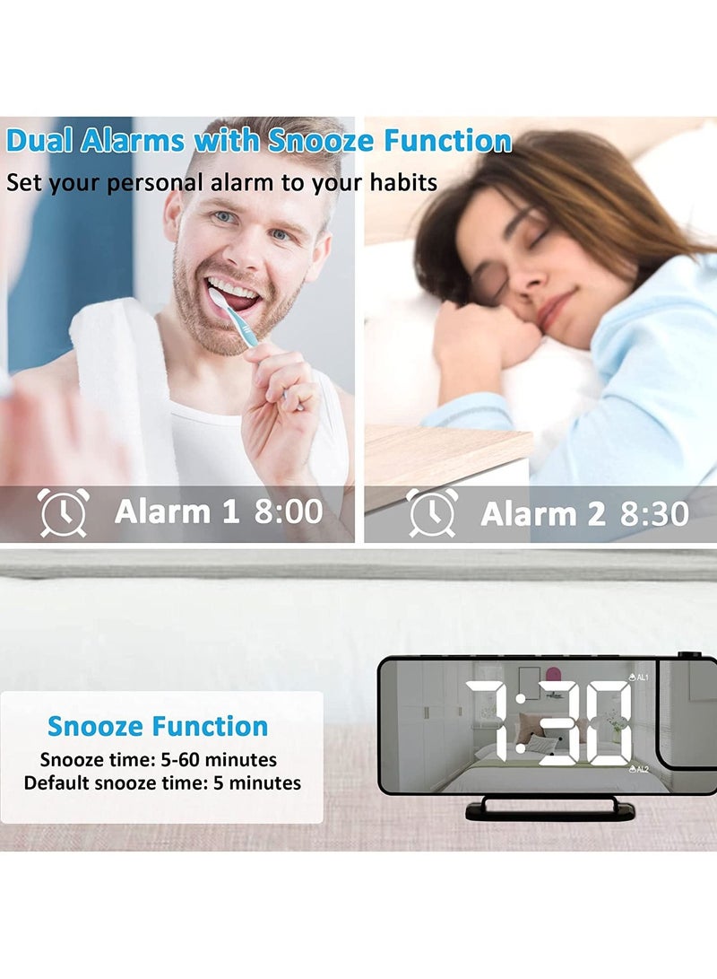 Projection Alarm Clock, LED Digital Alarm Clock Mirror Alarm Clock, Digital Clock Bedside Alarm with Light Sensing Dimming Mode, Adjustable Brightness, USB Port Battery Powered Alarm Clock