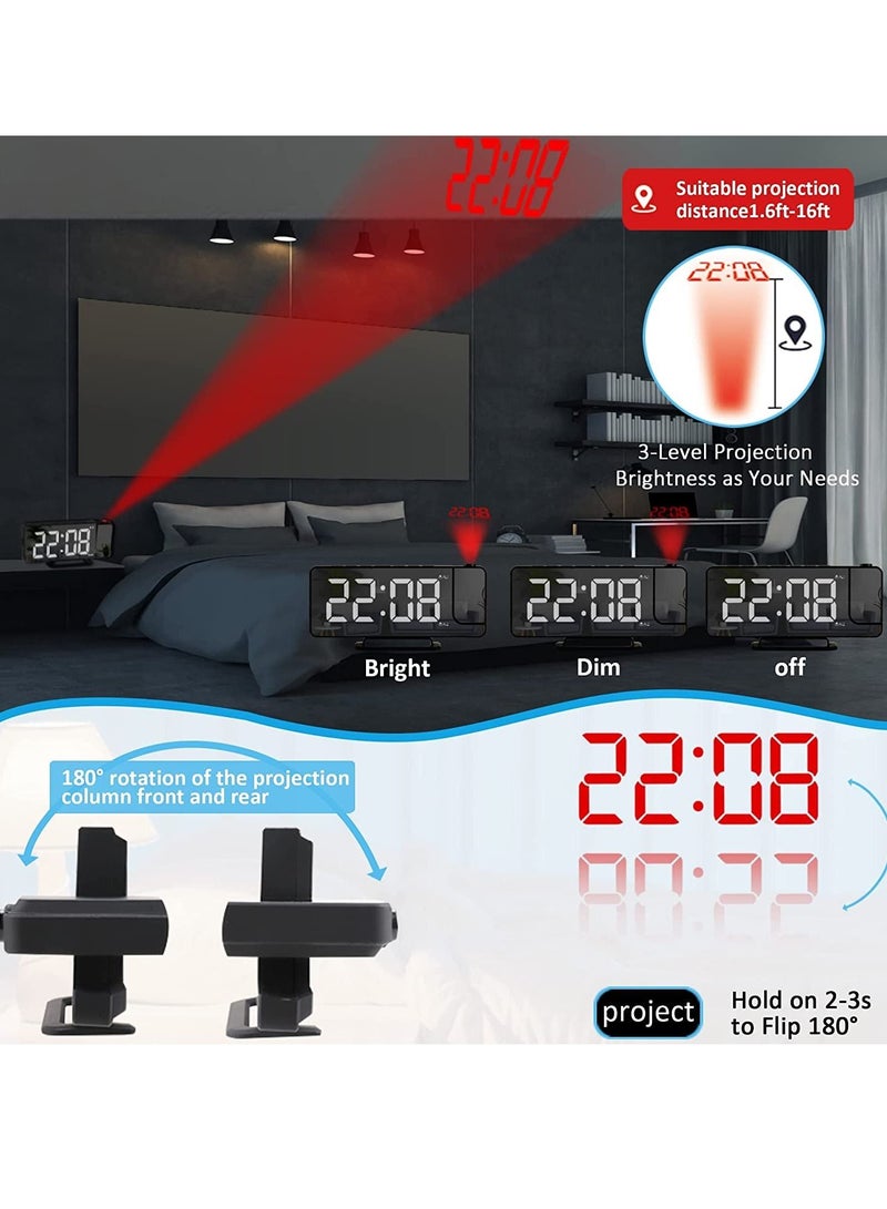 Projection Alarm Clock, LED Digital Alarm Clock Mirror Alarm Clock, Digital Clock Bedside Alarm with Light Sensing Dimming Mode, Adjustable Brightness, USB Port Battery Powered Alarm Clock