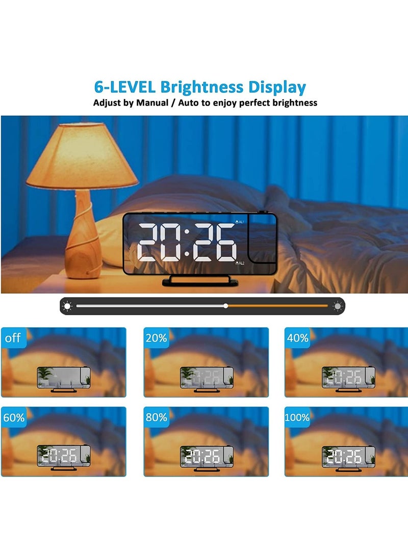Projection Alarm Clock, LED Digital Alarm Clock Mirror Alarm Clock, Digital Clock Bedside Alarm with Light Sensing Dimming Mode, Adjustable Brightness, USB Port Battery Powered Alarm Clock