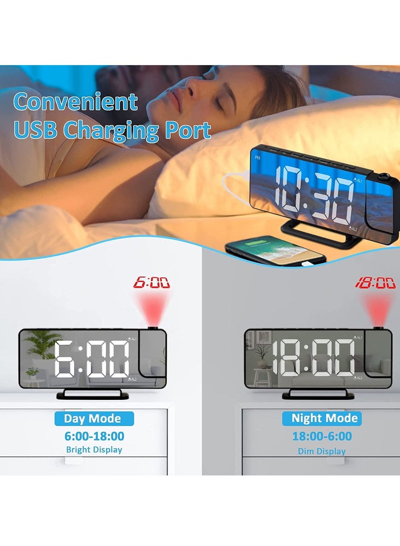 Projection Alarm Clock, LED Digital Alarm Clock Mirror Alarm Clock, Digital Clock Bedside Alarm with Light Sensing Dimming Mode, Adjustable Brightness, USB Port Battery Powered Alarm Clock