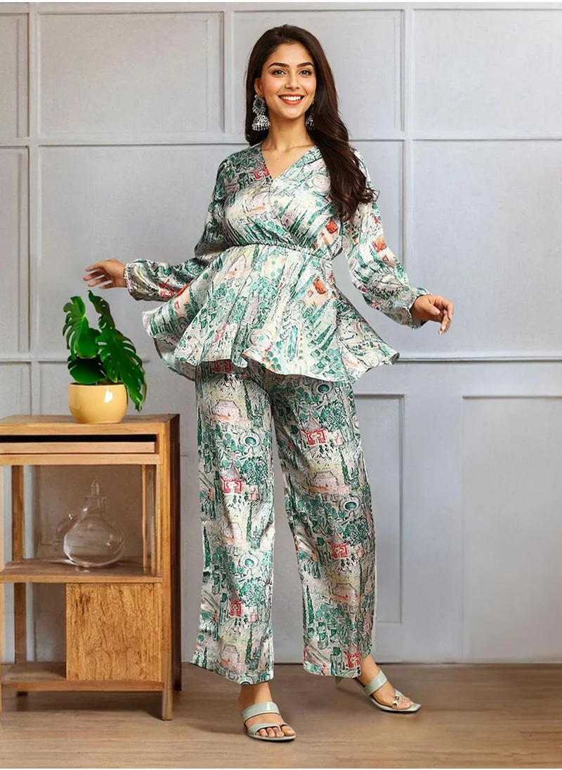 آي شين Regular Fit Three-Quarter Sleeve Printed Off White Viscose Woven Sets For Women Flat Collar Perfect For Wedding And Engagement Pull On Closure