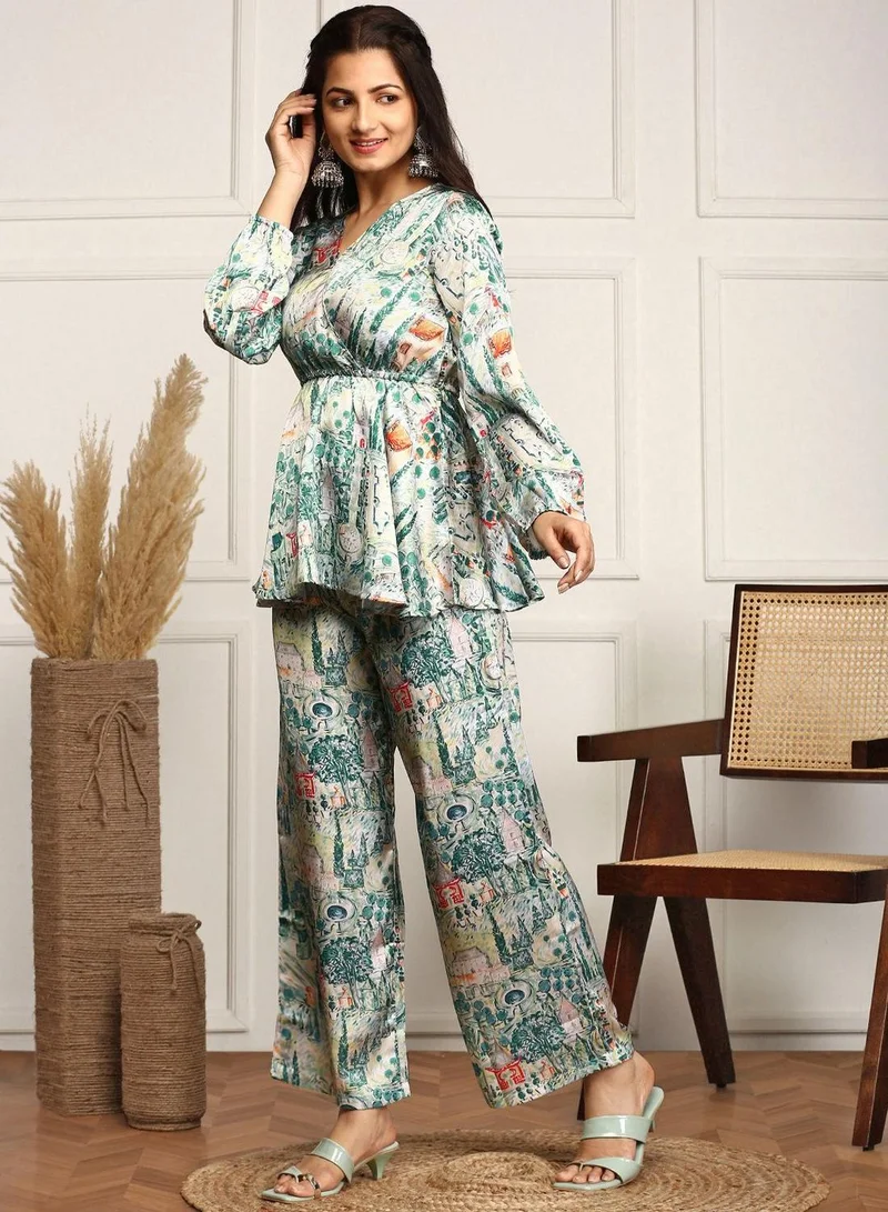 ISHIN Women's Off White Viscose Blend Printed Tunic Full Length Palazzo Regular Fit Co-Ords