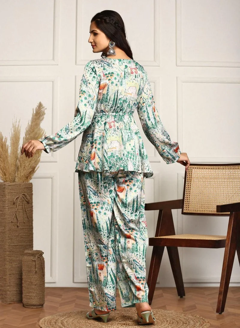 ISHIN Women's Off White Viscose Blend Printed Tunic Full Length Palazzo Regular Fit Co-Ords