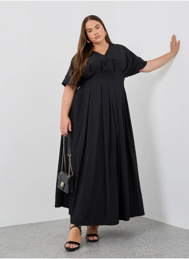 ستايلي Styli Plus Size Pleated Short Sleeves A-Line Maxi Dress