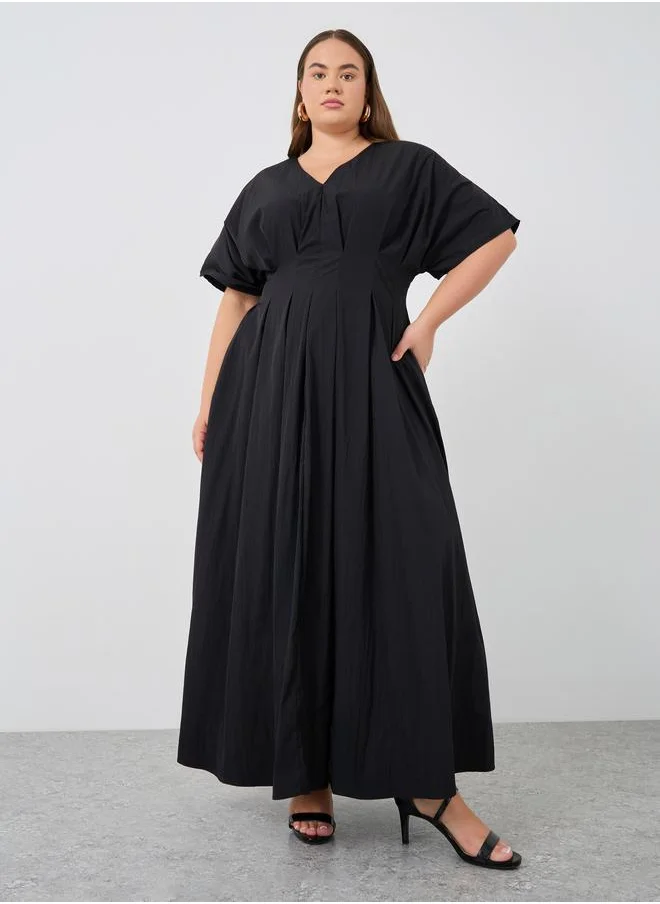 ستايلي Styli Plus Size Pleated Short Sleeves A-Line Maxi Dress