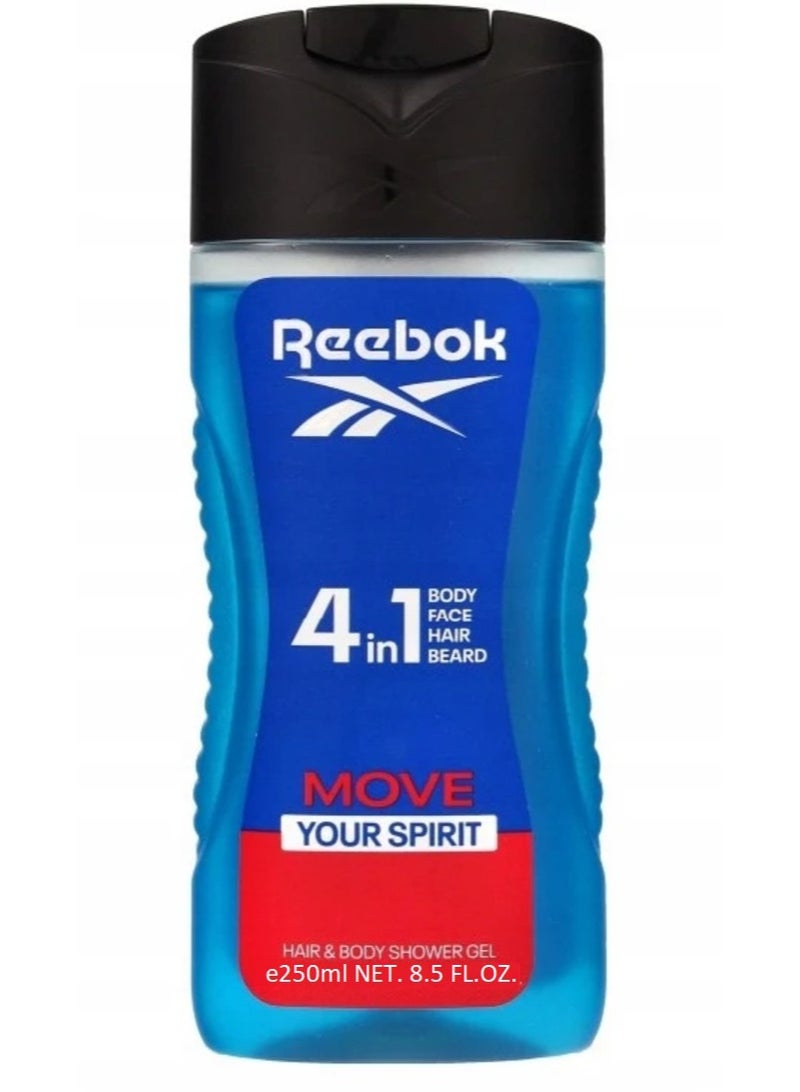 ريبوك جل الاستحمام 4 في 1 موف يور سبيريت للجسم والوجه واللحية، 250 مل