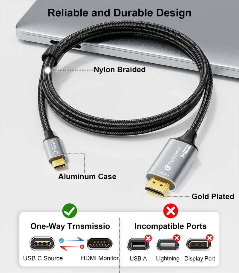 REBORN كابل Reborn USB C إلى HDMI 2.1 [8K@60Hz، 4K@144Hz، 2K@240Hz] بطول 6 أقدام، كابل Type C إلى HDMI 8K يدعم 48Gbps/HDCP2.3/HDR [متوافق مع Thunderbolt 3/4] لجهاز MacBook و iPad Pro و XPS و S22 و iPhone 15 Series - Image 5