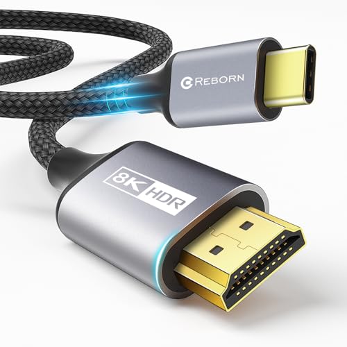 REBORN كابل Reborn USB C إلى HDMI 2.1 [8K@60Hz، 4K@144Hz، 2K@240Hz] بطول 6 أقدام، كابل Type C إلى HDMI 8K يدعم 48Gbps/HDCP2.3/HDR [متوافق مع Thunderbolt 3/4] لجهاز MacBook و iPad Pro و XPS و S22 و iPhone 15 Series - Image 1