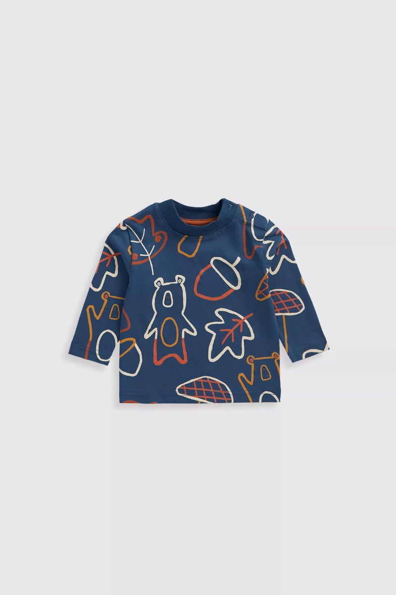 مذركير تي-شيرت بطبعة دب وأكمام طويلة باللون الأزرق