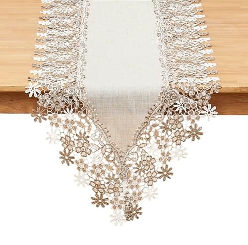 Winotic Natural Neutral Earth Tones Beige Floral Lace Table Runner Dresser Scarf 36 inches Long for Home Decor (16” x36”, Natural) - Image 1